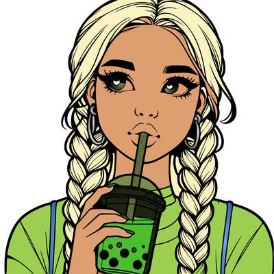 realistic girl with braided hair drinking boba