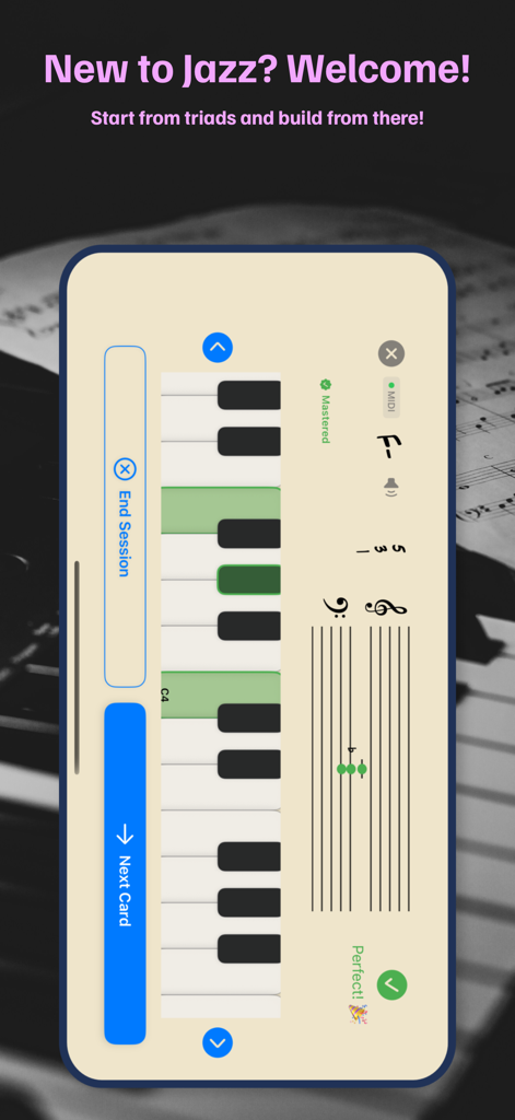Jazz Piano Voicings - Jazz Piano Voicings app interface showing an F minor triad highlighted on a virtual keyboard with matching musical notation.
