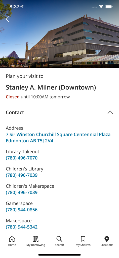 Edmonton Public Library - Screen of the Edmonton Public Library app showing contact information and hours for the Stanley A. Milner Downtown branch.