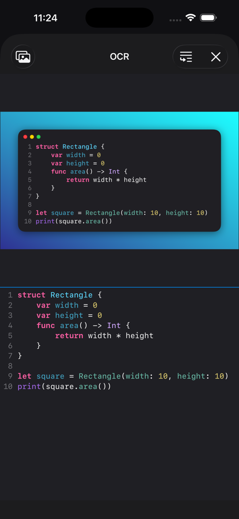 Swifty Compiler: Swift IDE - OCR feature in Swifty Compiler app converting a code snapshot image into editable Swift code