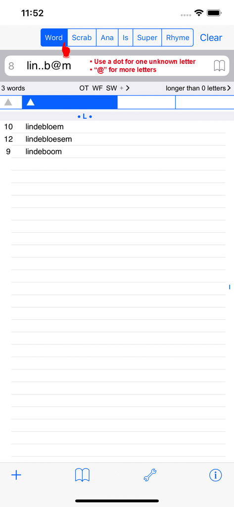 Oberfläche der NL Woordvinder-App, die niederländische Wortsuchergebnisse für ein bestimmtes Buchstabenmuster anzeigt.