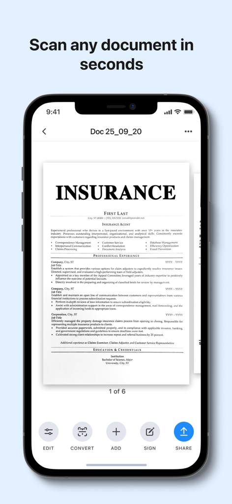 A smartphone screen showing an insurance document being scanned and edited in the PDF Guru app