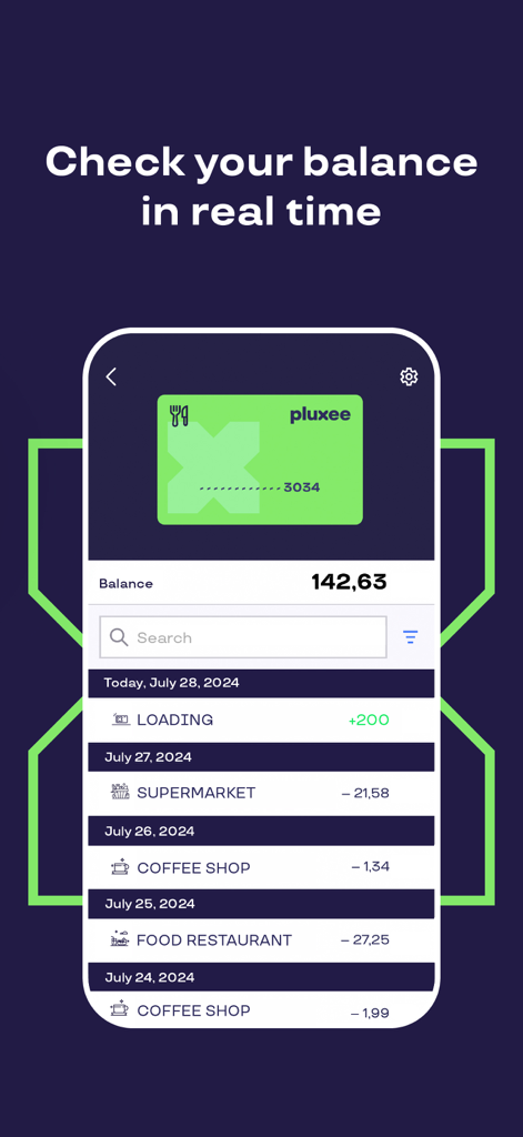 Mobile app interface showing the real time balance and transaction history for a Pluxee benefits card.