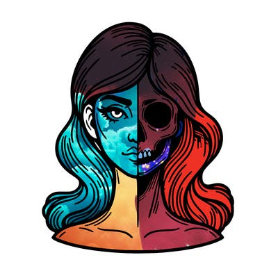 bust of a woman, half face and hair, half skull