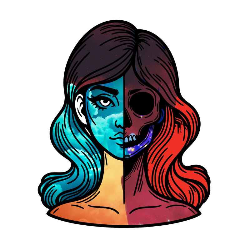 bust of a woman, half face and hair, half skull