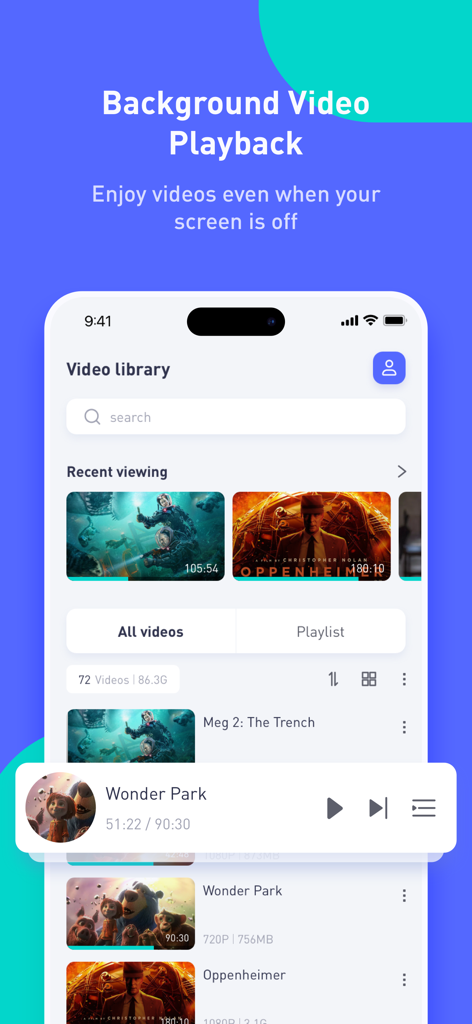 X Player - Watch TV and Movies - X Player app interface showing background video playback feature and a video library with movie posters