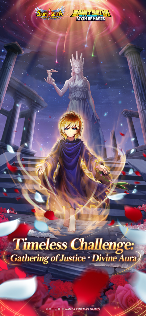 Saint Seiya: Legend of Justice - Promotional art for Saint Seiya Legend of Justice featuring a young character standing before an Athena statue during the Timeless Challenge Gathering of Justice event.