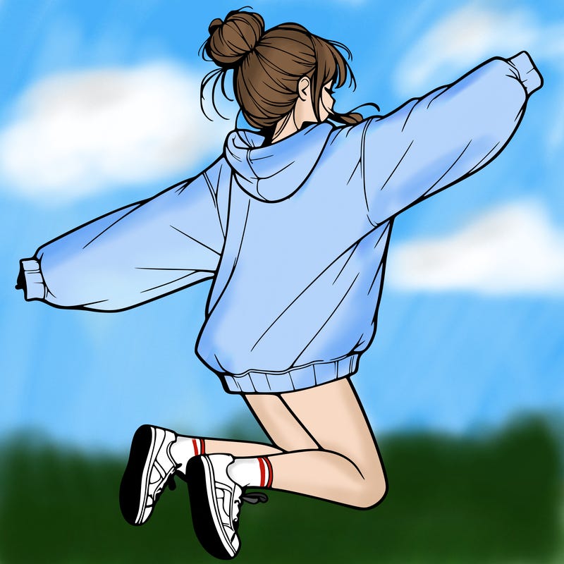 realistic girl jumping with a bun and oversized sweatshirt
