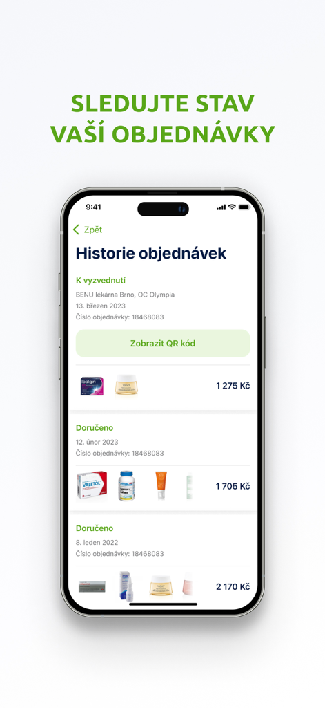 Historial de pedidos y pantalla de estado en la aplicación móvil BENU Farmacia mostrando detalles de recogida y compras anteriores.