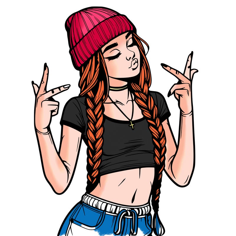 realistic teenage girl with braids and a beanie and crop top doing 🫶🏼
