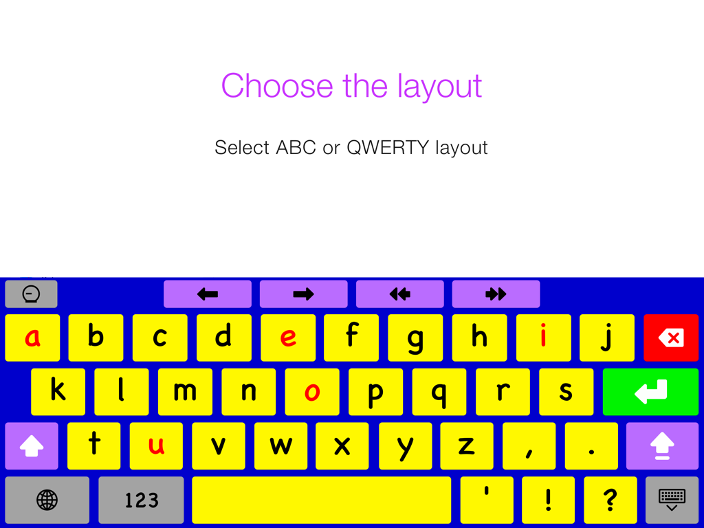 Keedogo Plus simplified iPad keyboard showing an alphabetical layout with lowercase letters and red vowels.