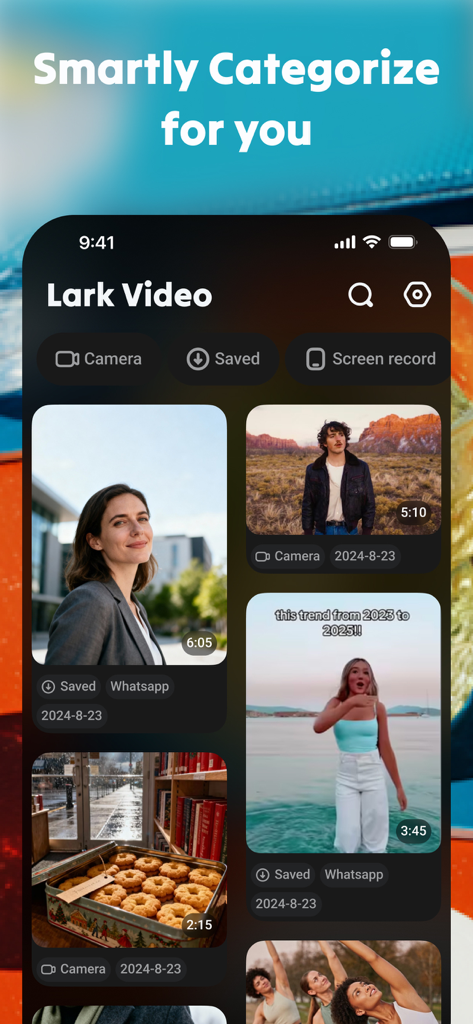 Lark Video Player: HD Player - Interface do aplicativo Lark Video Player mostrando categorização inteligente de vídeos por fonte, como câmera e arquivos salvos.