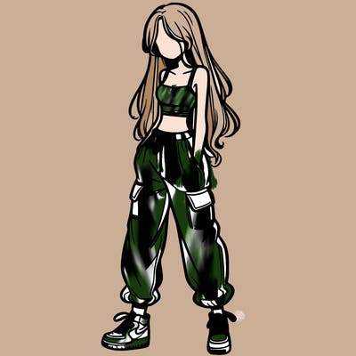girl in baggy pants crop top and long hair