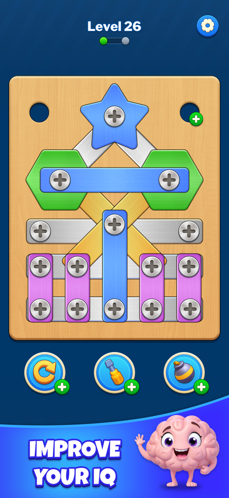 A logic puzzle screen showing colorful shapes and metal screws on a wooden board with a brain mascot and IQ text