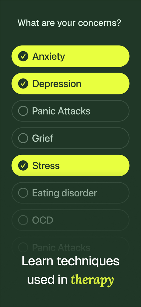 Elomia: Mental Health AI - Elomia app screen for selecting mental health concerns like anxiety and stress