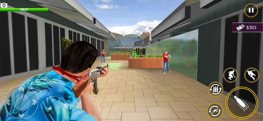 Vegas Gangster Crime Car Games - A third-person perspective of a gangster character aiming an assault rifle at enemies in a city courtyard.
