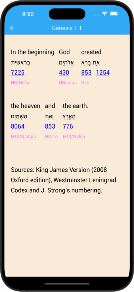 inWORD Bible - Interlinear view of Genesis 1:1 in the inWORD Bible app showing Hebrew text and Strong's numbers for deep study