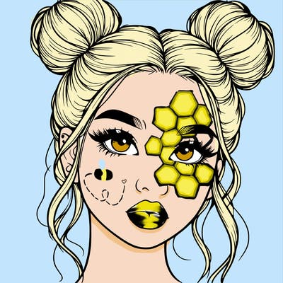 realistic girl with two buns on her hair and lips