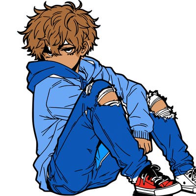 a male hoddie ripped jeans messy hair anime