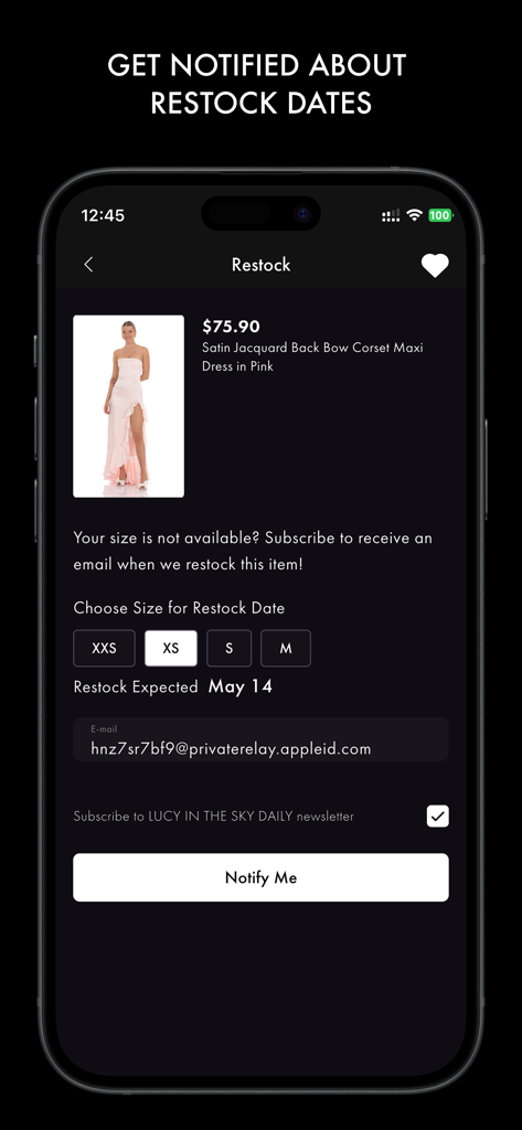 Lucy in the Sky Store - Lucy in the Sky app restock notification screen for a pink maxi dress