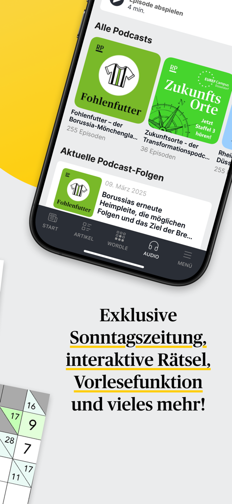 RP ePaper app screen displaying German podcasts and audio news options