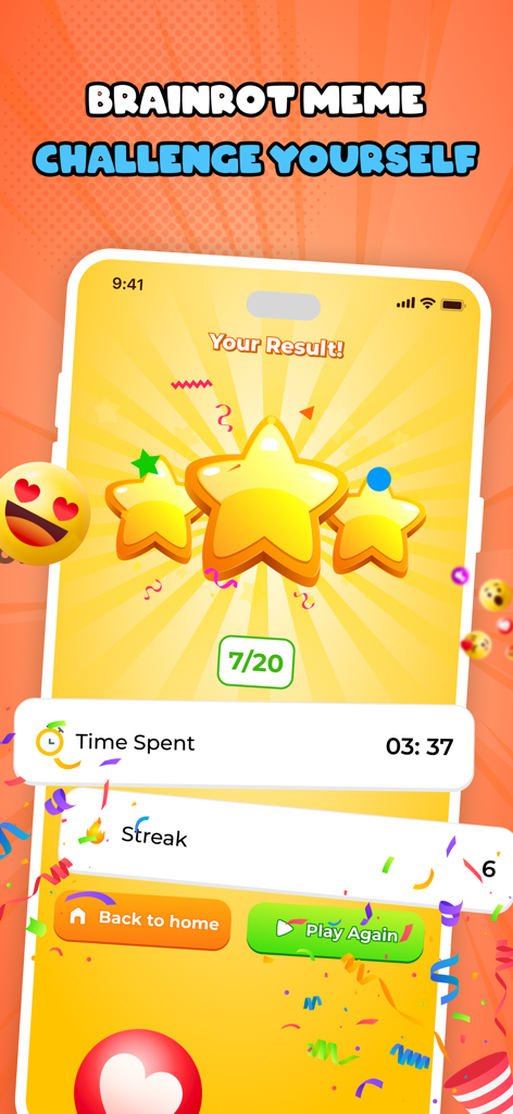 Italian Brainrot Wiki & Quiz - Quiz result screen showing three stars, a score of 7 out of 20, and a time spent of 3 minutes and 37 seconds.