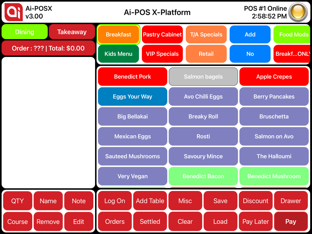 Ai-POSX - Ai-POSX iPad point of sale interface featuring a breakfast menu and order management buttons