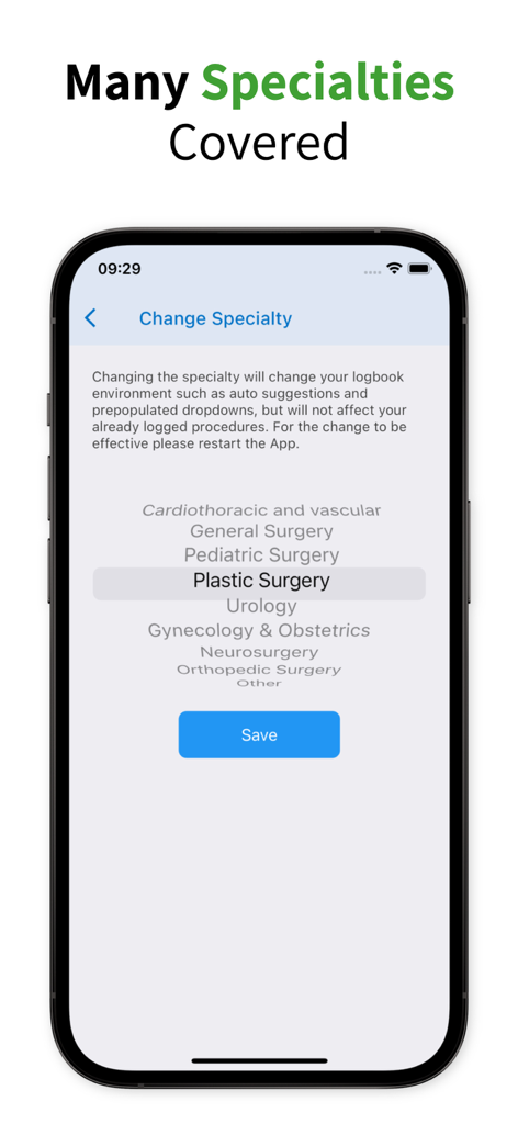 Surgeonal(Surgical Logbook) - Mobile screen of the Surgeonal app showing a scrollable list of surgical specialties to choose from