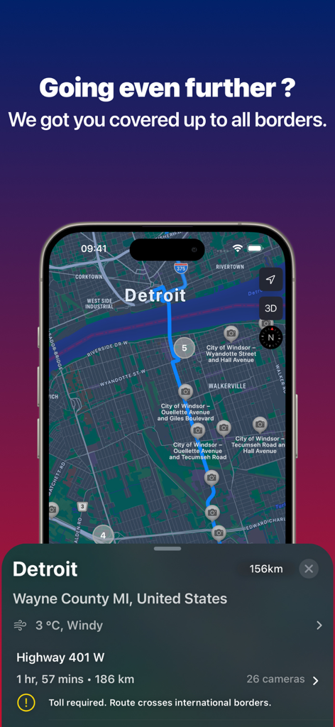 Ontario Road Cameras - デトロイトへのルート、交通カメラの場所、天気情報を表示するオンタリオ州道路カメラアプリのインターフェイス。