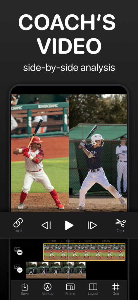 Side-by-side video analysis of baseball players in the Coach Video Analysis app interface