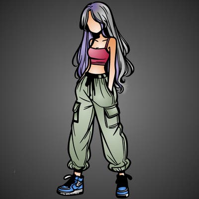 girl in baggy pants crop top and long hair