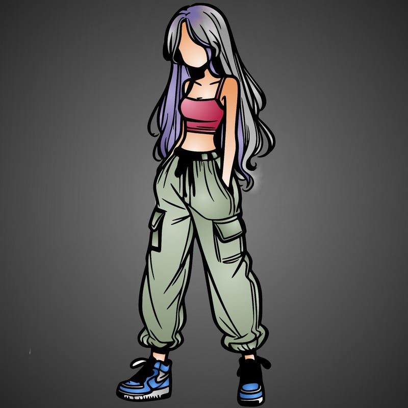 girl in baggy pants crop top and long hair