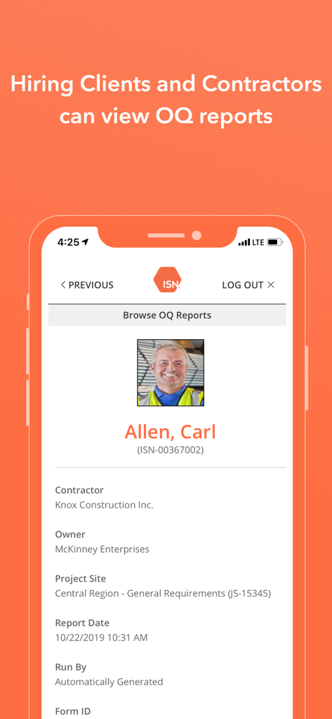 ISNetworld - ISNetworld mobile app interface showing a contractor Operator Qualification report for site compliance.
