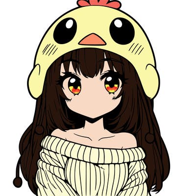 anime girl with chick shaped hat with sweater with bare shoulders with bangs covering them one eye with low tail