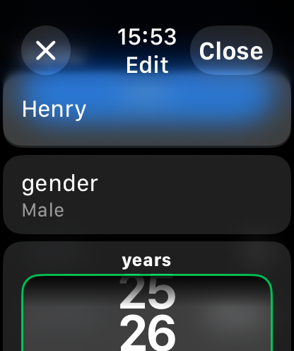 watchHR - 名前、性別、年齢の設定を表示するwatchHRアプリのApple Watchでのユーザープロファイル設定インターフェース