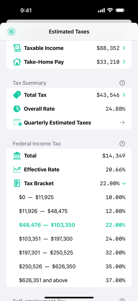 Taxatio app interface showing estimated taxes summary and federal income tax bracket breakdown