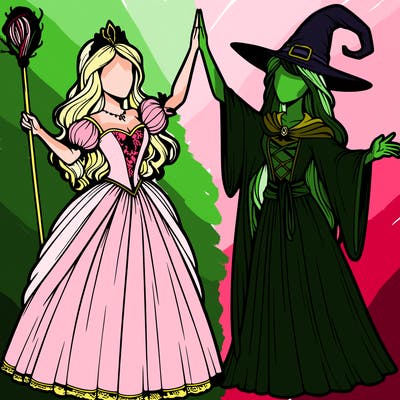 detailed realistic split of a princess and a witch
