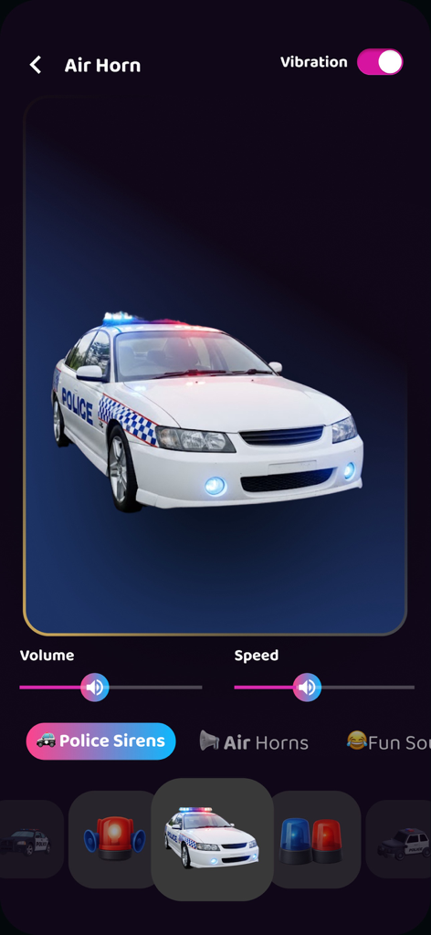 Siren & Air Horn Sounds - Una pantalla de la app Sonidos de Sirena y Bocina de Aire mostrando un coche de policía y controles de sirena