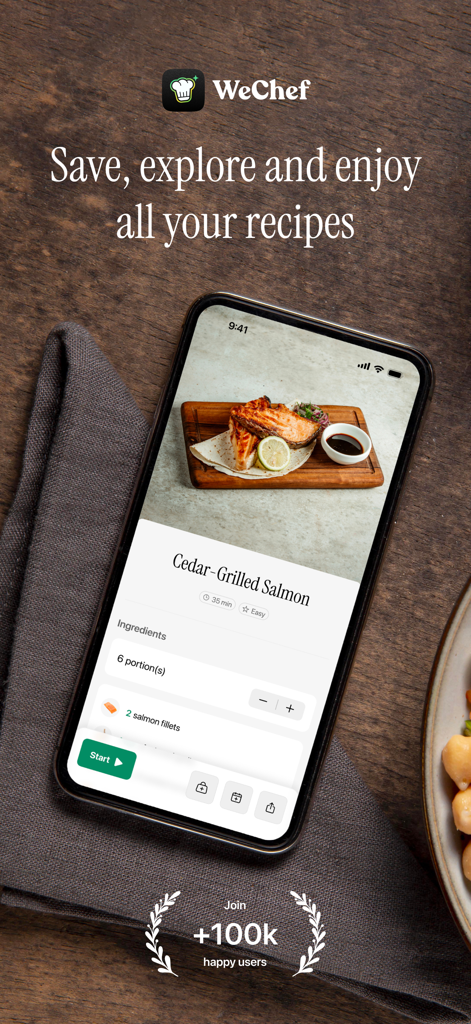 Un smartphone mostrando la aplicación WeChef con una receta de salmón a la parrilla con cedro y ajuste de porciones