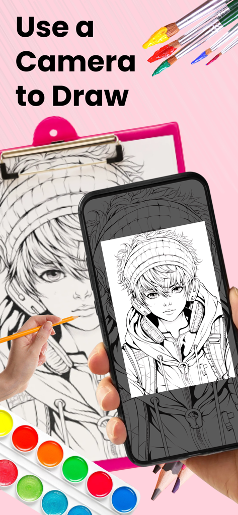 AR Drawing Sketch Paint: Trace - 紙にアニメキャラクターのイラストをトレースするために携帯電話のカメラを使用している手。