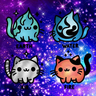 4 cats that represent the different elements, earth, water, air, and fire