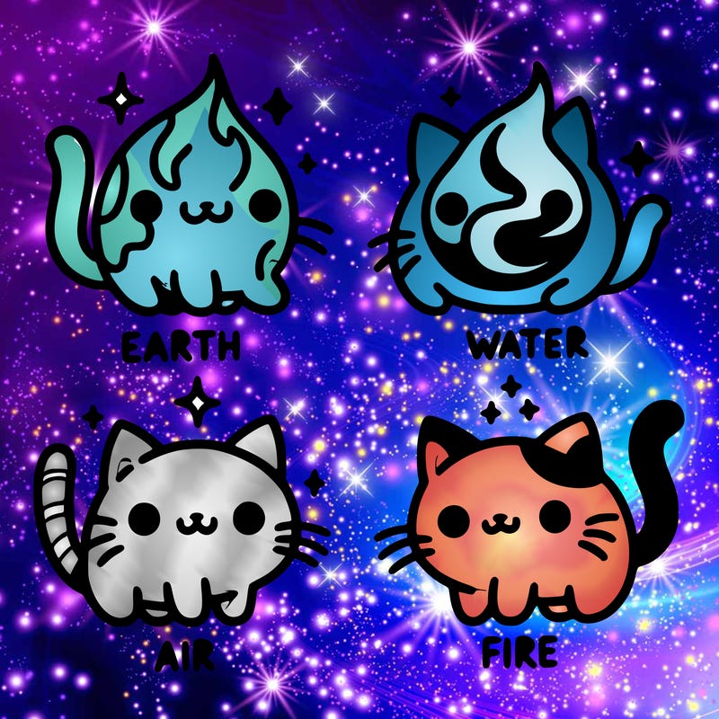 4 cats that represent the different elements, earth, water, air, and fire