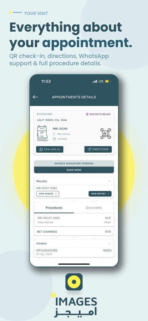 My ImagesDC - Pantalla de detalles de la cita de la aplicación My ImagesDC con escaneo de registro QR, informes y factura digital
