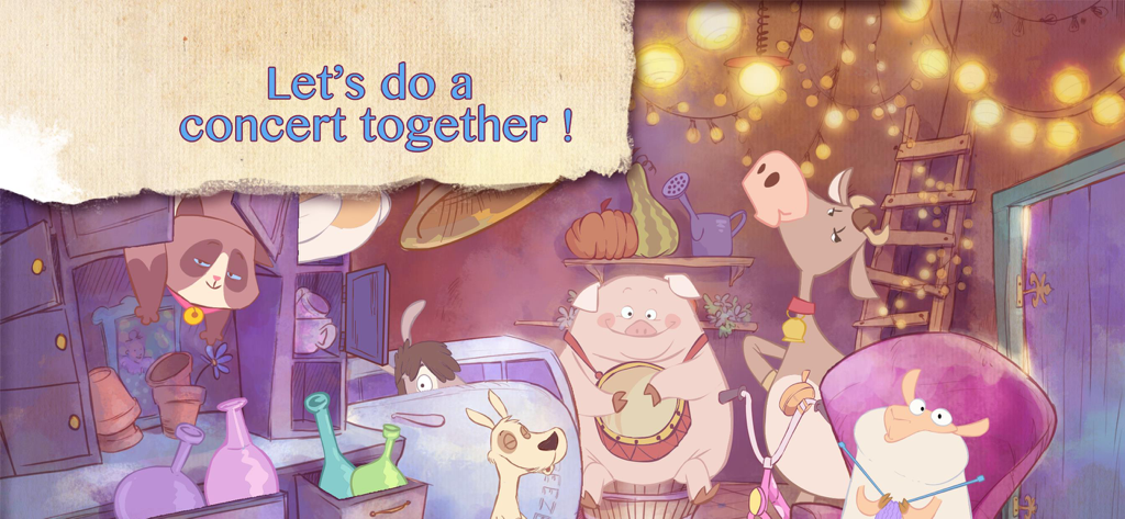 Knock Knock with Bato - Hand-drawn farm animals gathered in a barn for a musical concert.