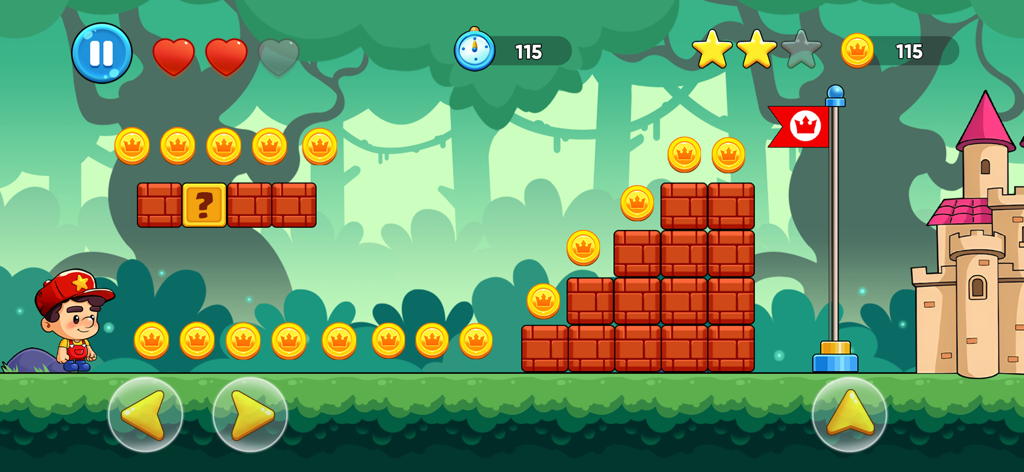 Max's World™ - Fun Adventure - A 2D platformer level in Max's World with a jungle background, coins, bricks, and a castle.