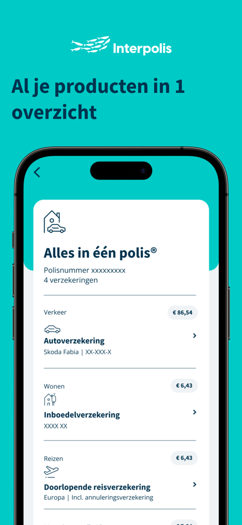 Schermata mobile dell'app Interpolis che mostra una panoramica consolidata delle polizze assicurative auto, casa e viaggi