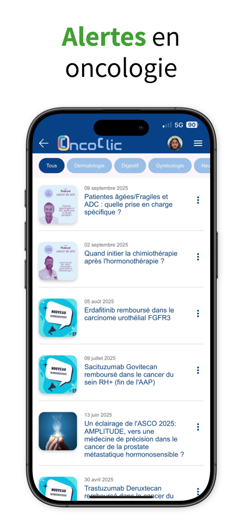 OncoClic app interface showing a feed of oncology alerts and medical news