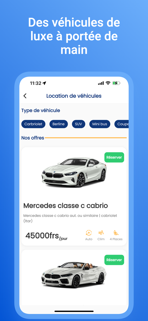일일 요금이 포함된 메르세데스 컨버터블을 포함한 고급 자동차 렌탈 옵션을 보여주는 Ongo 앱의 인터페이스.