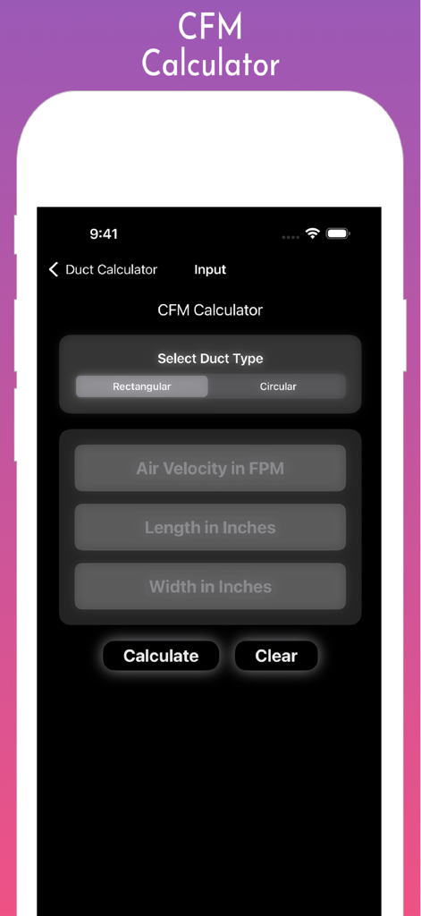 CFM calculator screen in the Duct Calculator Pro app