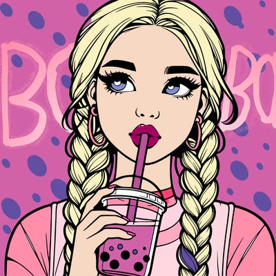 realistic girl with braided hair drinking boba